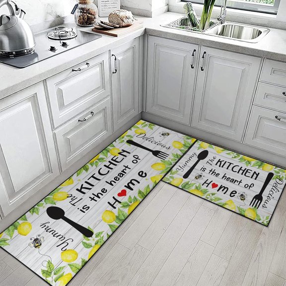 Wooden Board Lemon Kitchen Rugs Mat Set of 2 Washable Non-Slip Bee Floor Mats for in Front of Sink Kitchen Decor for Dining Room, Floor Home, Office, Sink, Laundry
