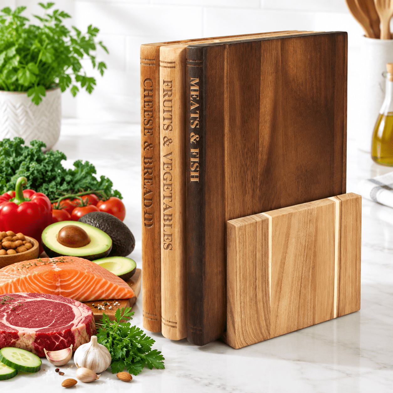 Vegetale Rack Wooden Board Set with Stand, 3-Piece Kitchen Prep Boards for Fruits ...