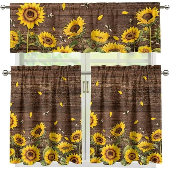 Wooden Board Sunflower 3-Piece Tier Curtains 36 Inch Long Country Kitchen Curtains Set Tab Top for Small Window Bathroom Farmhouse 54" x 18"