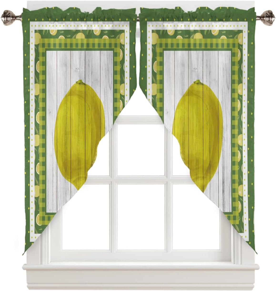 Wooden Board Swag Valance Curtains Lemons Yellow Checkered Green Polka