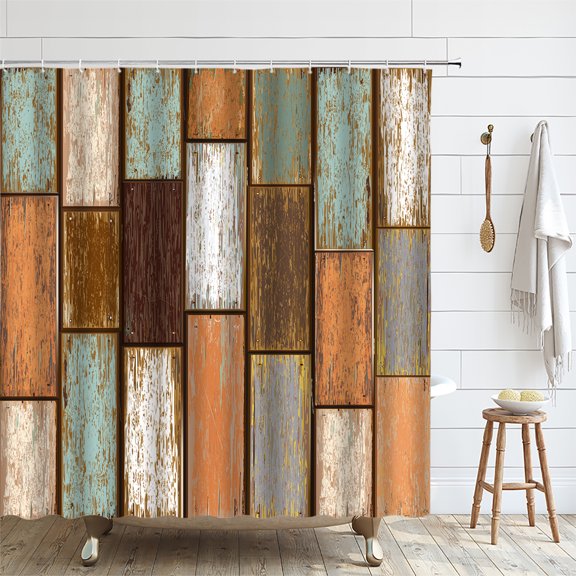 Wooden Boards Bathroom Shower Curtains with Polyester Waterproof Vintage Geometric Batht