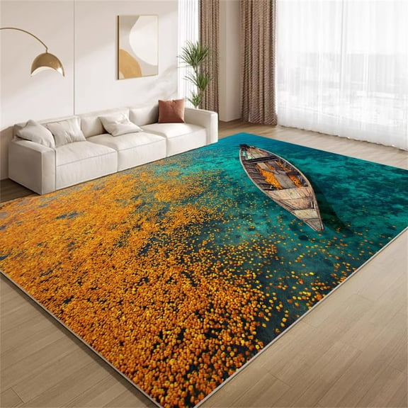 Wooden Boat Area Rugs, Blue Sea Pattern Carpet, Washable Non Slip Low Pile Soft Rug for Living Room Bedroom Decor Mat 2x3ft