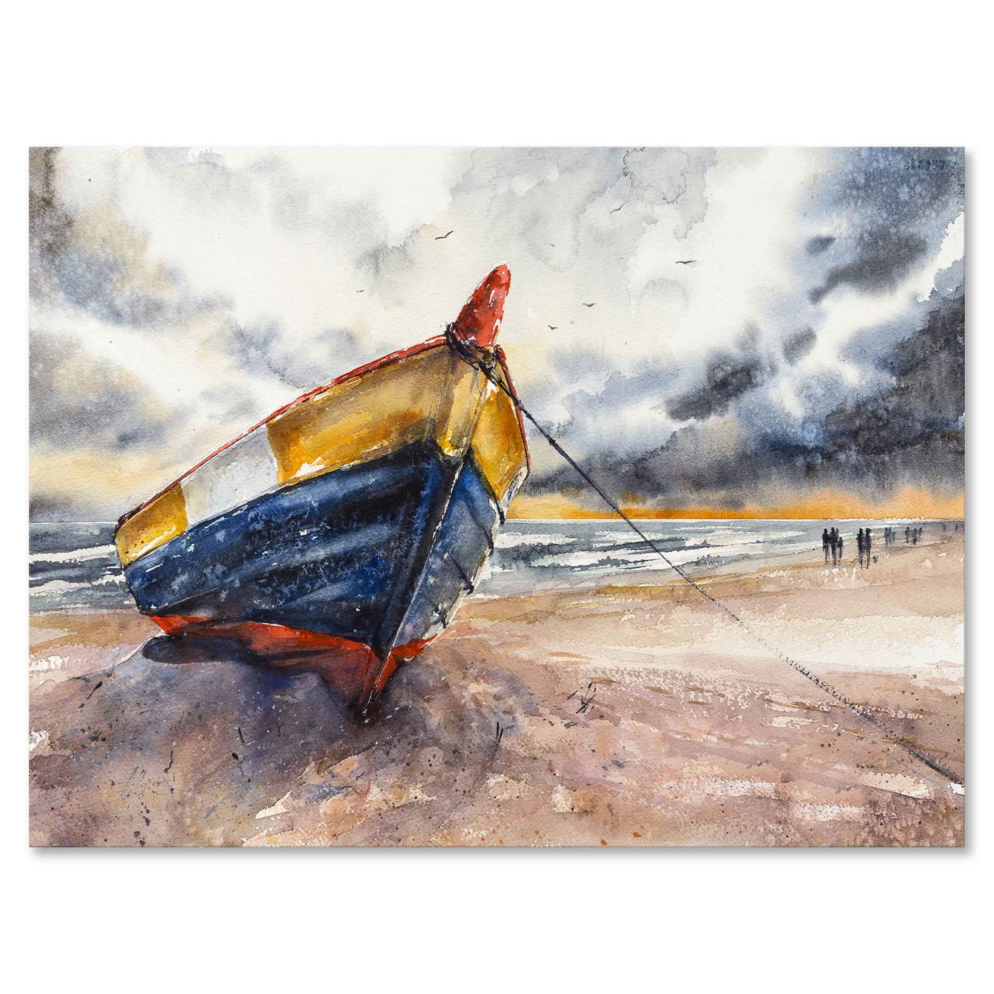 Wooden Boat On The Baltic Shores At Evening Glow 32 in x 16 in Painting Canvas Art Print, by Designart