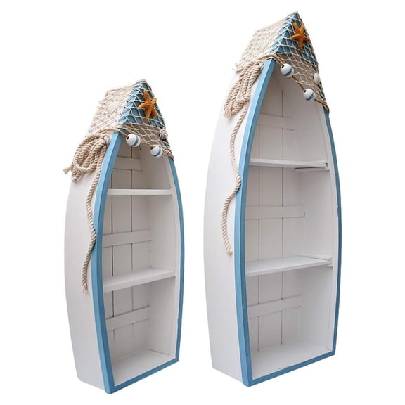 Wooden Boat Shelf Set of 2, Beach Theme Standing Display Boat with 3 Shelves Fish Net Star Fish Shell Nautical Decor (Boat Shelf 2 Set)