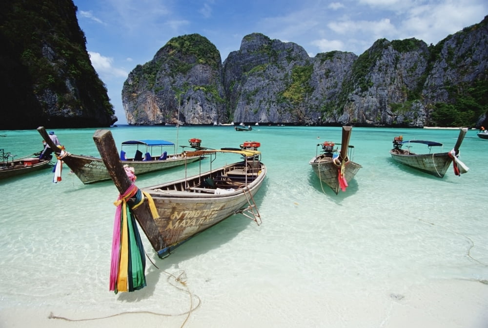 Wooden Boats In Maya Bay Canvas Art - Paul Quayle Design Pics (36 x 24)