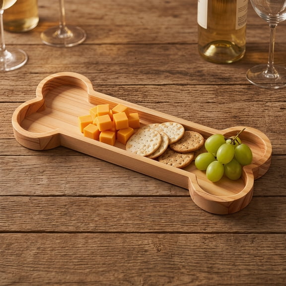Wooden Bone Shaped Serving Tray with Grooves, Dog Bone Snack Platter for Treats and Snacks