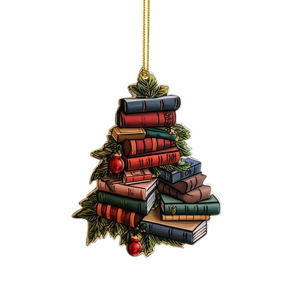 Wooden Book Christmas Ornament - 3D Bookshelf Tree Pendant for Book Lovers, Reading Theme Xmas Tree Decorations Librarian Gifts