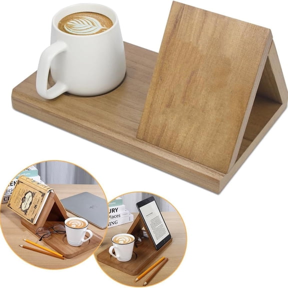 Wooden Book Holder Stand with Drink Holder, Reading Rest Book Display for Desk, Bedside Gift for Book and Coffee Lovers