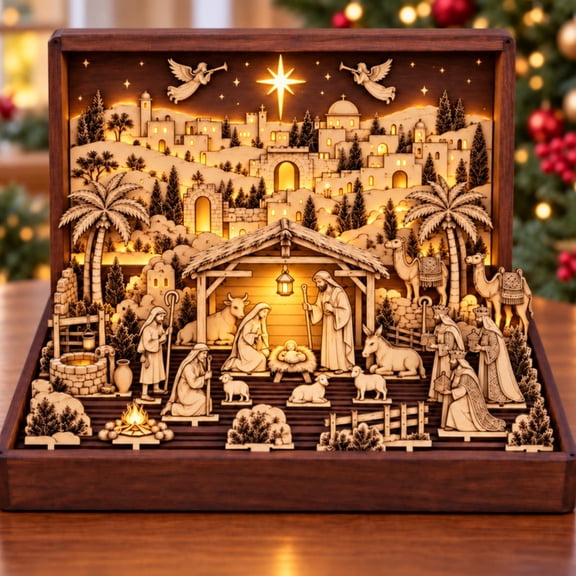Wooden Book Nativity Set, Christmas Tabletop Holiday Decor for Home Mantel Display
