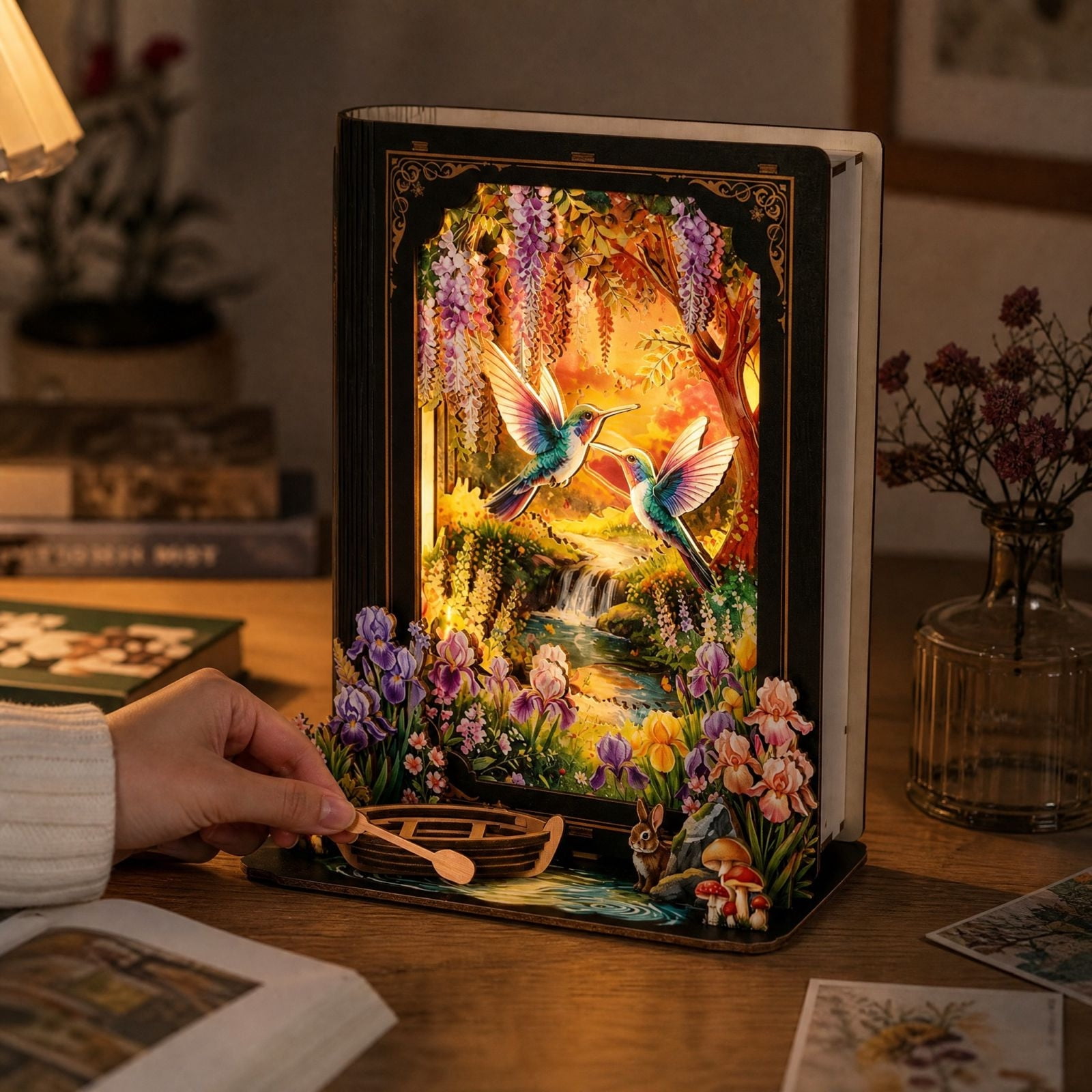 Wooden Book Nook Kit with LED Night Light, Enchanted Forest Scene ...