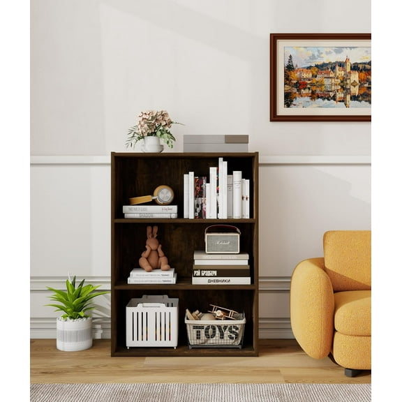 Wooden Book Shelf with Three Display Shelves, Three Tier Open Engineered Wood Shelf Bookcase, Bookshelf for Classroom, Brown
