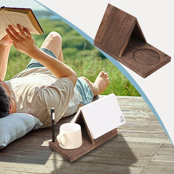 Wooden Book Stand with Cup Holder – Triangular Solid Wood Reading Shelf for Desk, Bedside, Sofa Table – Hands Free Book Holder for Coffee, Tea, and Relaxing Reading