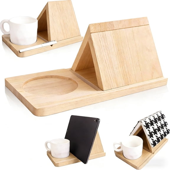 Wooden Book Stand for Reading Rest, Acacia Triangle Book Holder, Bookmark Holder Set: Home Triangular Reading Stand with Cup-Shaped Base, Wooden Bookshelf to Hold Book Pages In Place