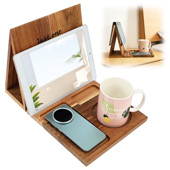 Wooden Book Stand for Reading Rest, Acacia Triangle Book Holder with Cup Glasses Pen & Phone Holder Book Nook Reading Valet for Book Lover Gifts