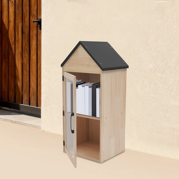 Wooden Book Storage Box, 2-Tier Little Library Box, Book Cabinet 1 Doors
