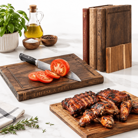 Wooden Book Style Board Set with Stand, 3-Piece Food-Safe Kitchen Chopping Boards
