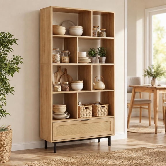 Wooden Bookcase, 64 Inch 6-Tier, 8 Open Cubes, Drawer, Rattan Decor, Metal Legs