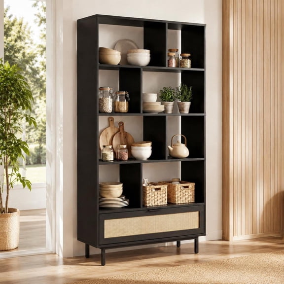 Wooden Bookcase, 64 Inch 6-Tier with 8 Open Cubes, Drawer, Metal Legs, Black