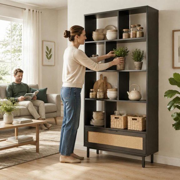 Wooden Bookcase, 64 Inch 6-Tier with 8 Open Cubes, Drawer, Metal Legs, Black