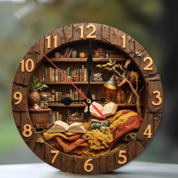 Wooden Bookcase Clock Literary Decor Vintage Style Home Decor 10-Inch Silent Wooden Wall Clock, Battery Operated (AA Batteries Not Included), Artistic Home Decor