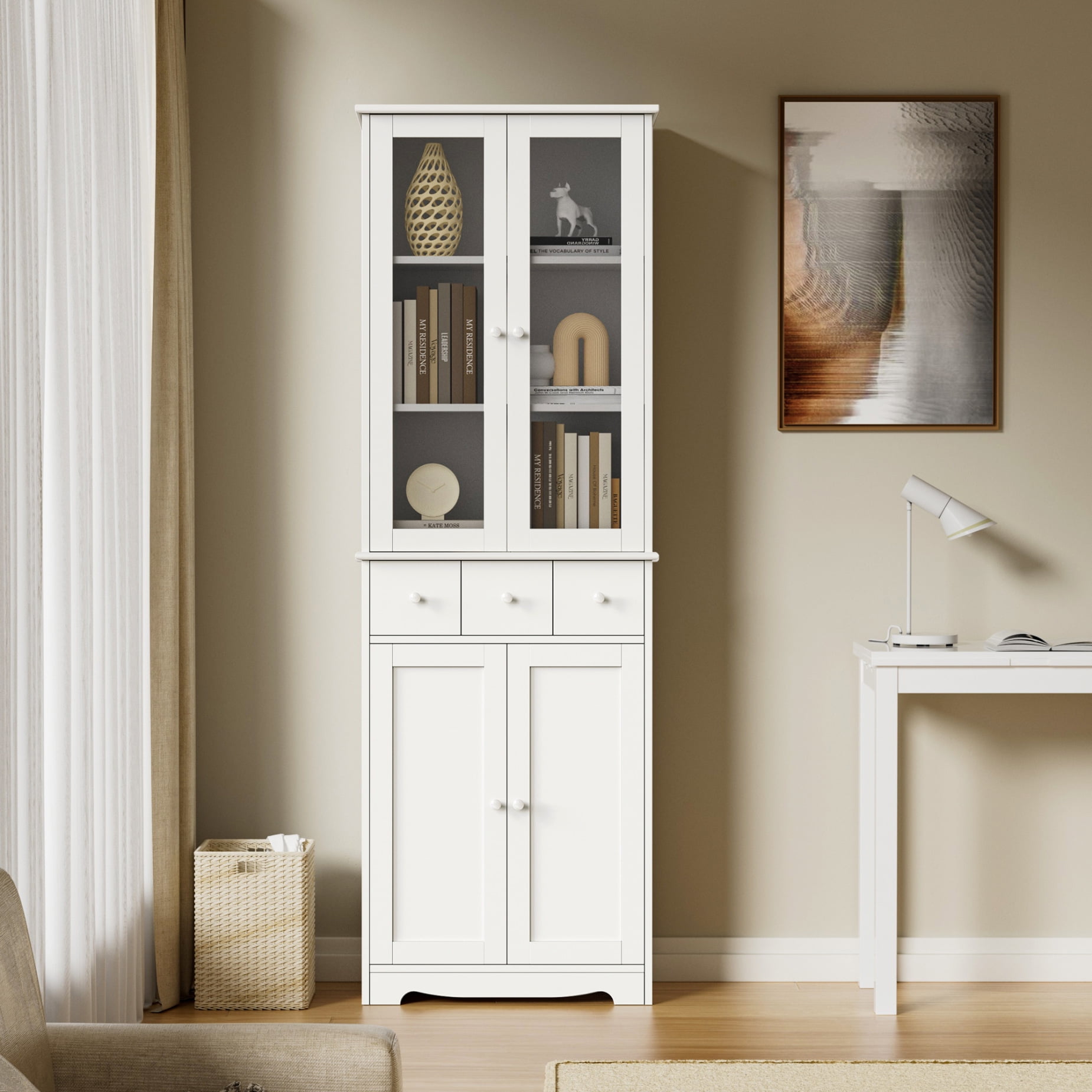 Wooden Bookcase with LED Light Strips, Tall Standing Display Shelves