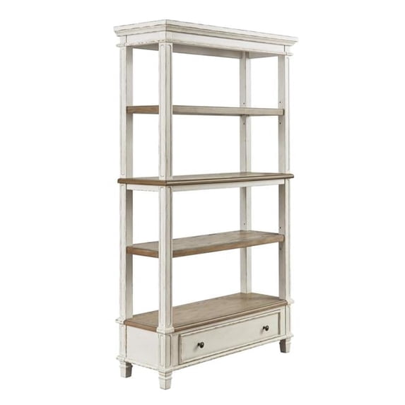 Wooden Bookcase with 4 Tier Shelves & Bottom Drawer - Brown & White - 75 x 45 x 16 in.