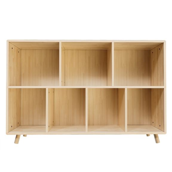 Wooden Bookshelf,  2-Tier Bookcase, 7 Cube Storage Organizer, Open Book Shelf with Legs for Home Office, Living Room, Study