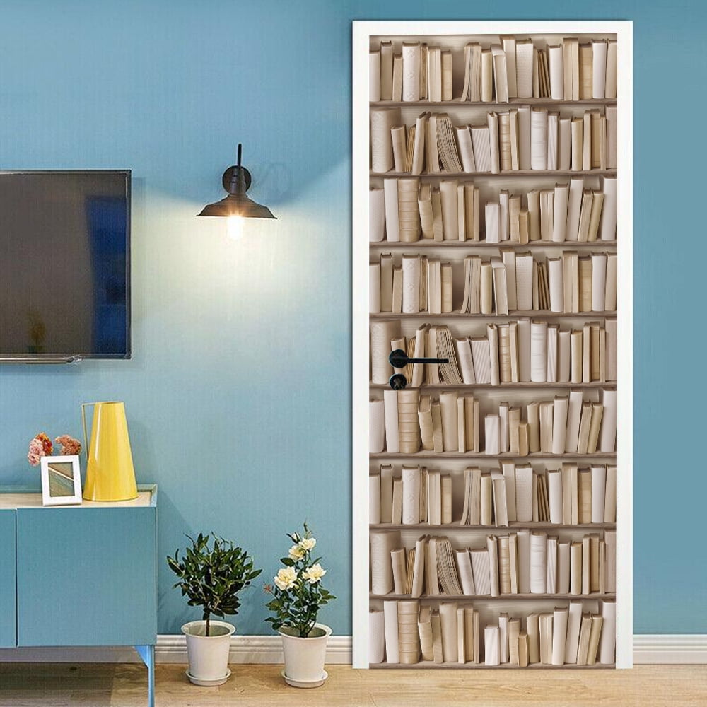 Wooden Bookshelf Door Stickers Spiral Staircase Library Retro