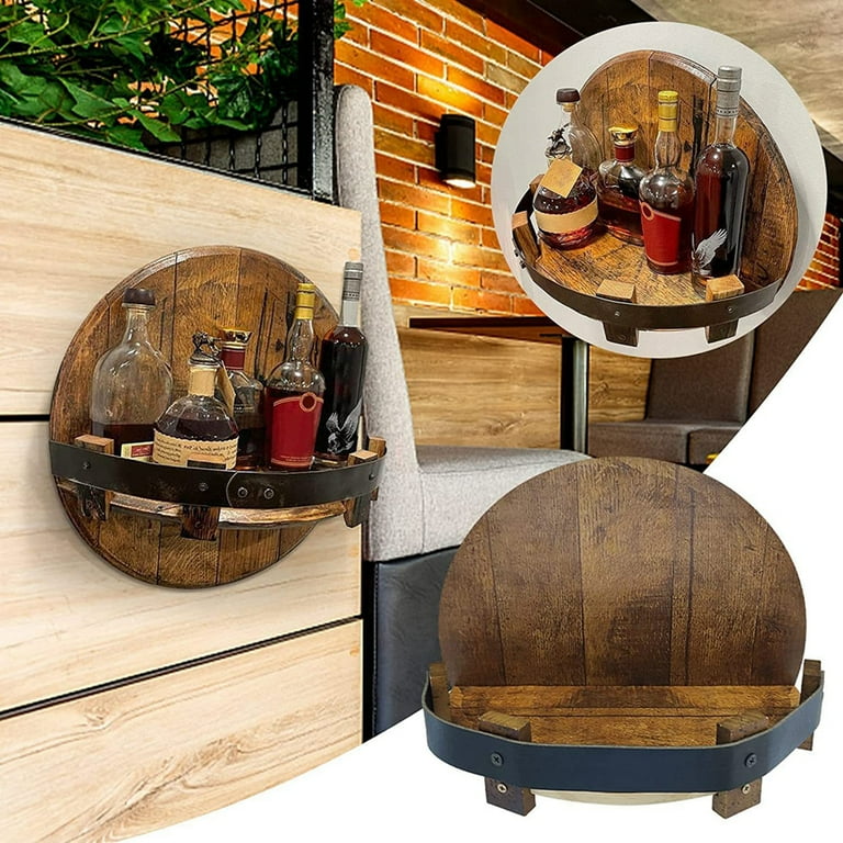 Wooden Bourbon Whiskey Barrel Shelf Hand Crafted Wall Mounted Wine Rack Countertop Round Display Organizer Stand Bar Shelves Vintage Liquor Bottle Home Decor Walmart