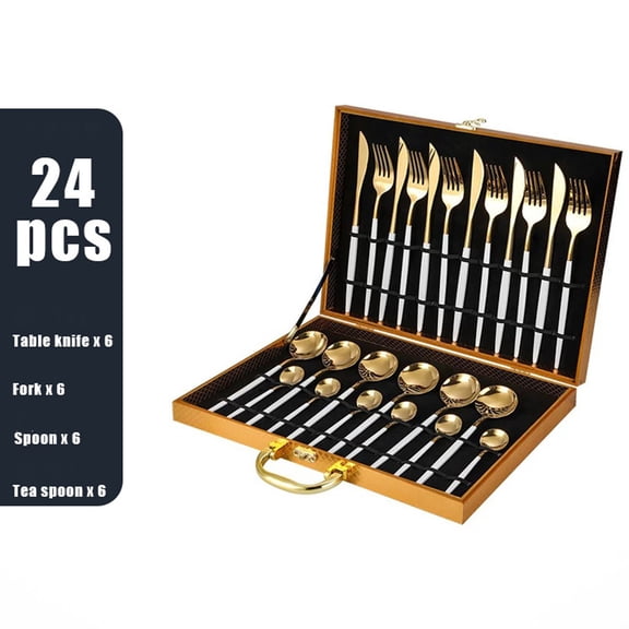 (Wooden Box)24 Pieces Silverware Set, Stainless Steel Flatware Cutlery Set for 6, Fancy Tableware Eating Utensils for Home Kitchen Restaurant Hotel,White Gold