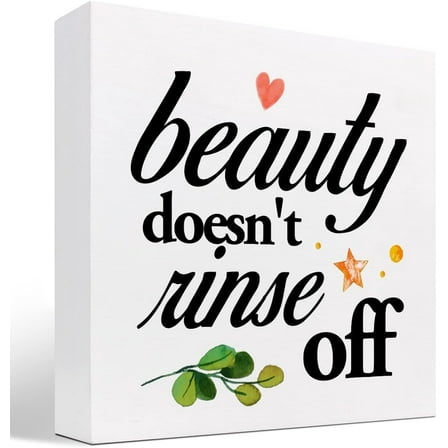 Wooden Box 5x5 Inch Beauty Doesn't Rinse Off Wood Block Sign Desk Decor,Funny Bathroom Wooden Box Plaque Sign Desk Decor For Home Office Restroom Toilet Guest Bathroom Shelf Table Decorations
