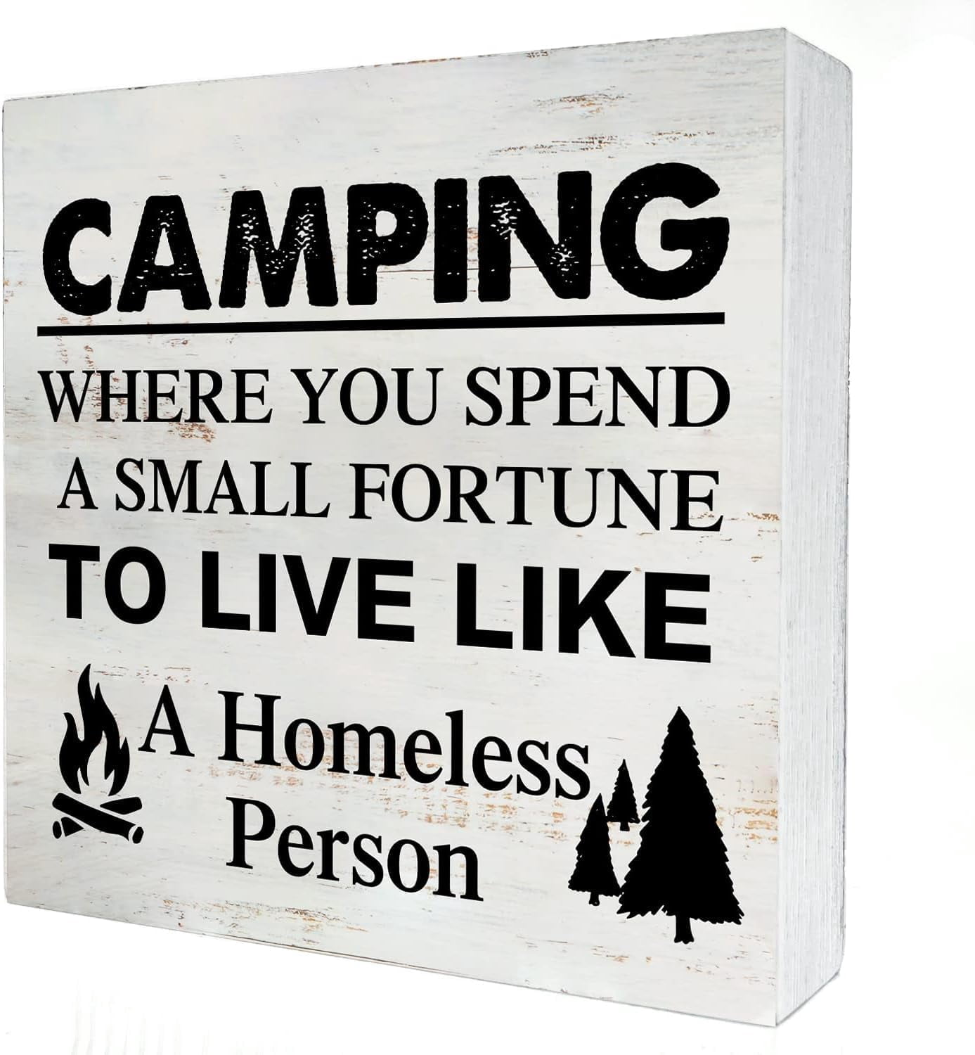 Camping Themed Wooden Box Sign - 5x5 Inch Rustic Decor With Sayings, Desk Or Wall Decoration For RV, Camper, Travel Trailer