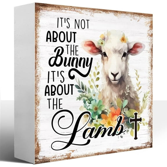 Wooden Box 5x5 Inch Easter Religious Desk Decor,Christian Desk Decor,It's Not About Bunny It's About The Lamb Cross Sign Vintage Easter Wooden Block Plaque Box Sign Shelf Table Decor For Home Office
