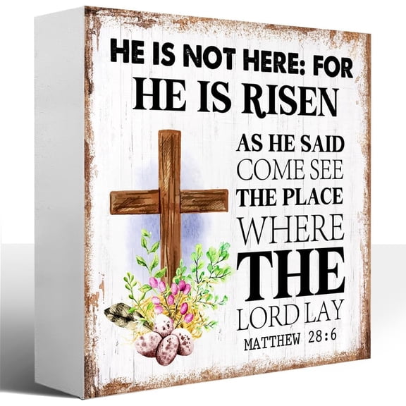 Wooden Box 5x5 Inch Easter Religious Desk Decor,Easter Matthew 28 6 Wood Sign,He Is Not Here He Is Risen Cross Sign Easter Christian Wooden Block Plaque Box Sign Table Shelf Decor For Home Office