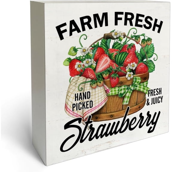 Wooden Box 5x5 Inch Farmhouse Strawberry Box Sign Wood Desk Sign Decor Country Style Farm Fresh Strawberries Wooden Block Plaque Box Sign Home Kitchen Decorations