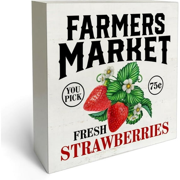 Wooden Box 5x5 Inch Farmhouse Style Strawberry Box Sign Wood Desk Sign Decor Rustic Farmers Market Strawberries Wooden Block Plaque Box Sign Kitchen Home Decorations