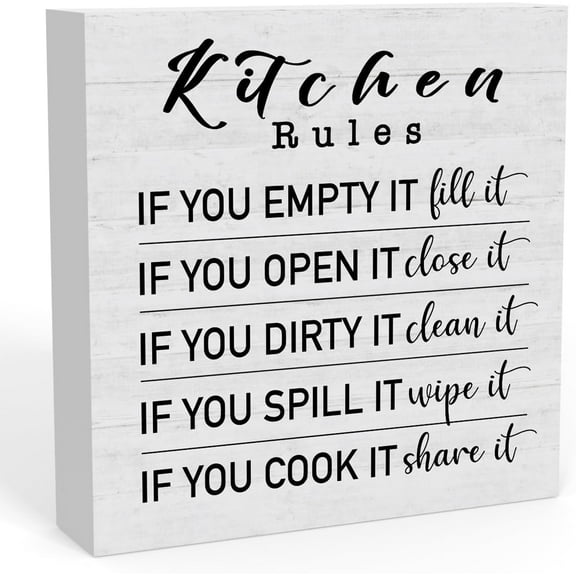 Wooden Box 5x5 Inch Funny Kitchen Rules Sign, Home Kitchen Decor For Counter, Country Kitchen Signs Humor Kitchen Decorations Counter Dining Room Shelf Table Decor
