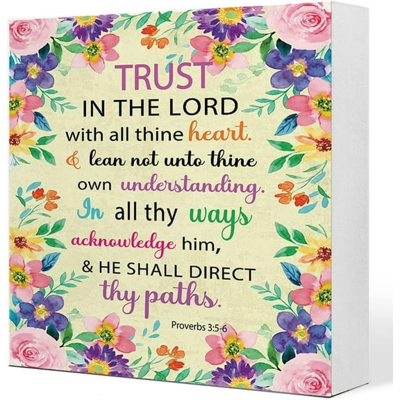 Wooden Box 5x5 Inch Proverbs 3:5-6 Trust In The Lord With All Your Heart Wooden Sign Desk Decor,Bible Verse Wood Block Sign Desk Decor For Christian Home Bedroom Girls Room Office Shelf Table Decor