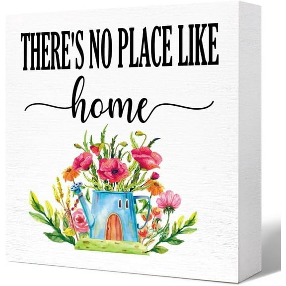 Wooden Box 5x5 Inch Spring Desk Decor,There's No Place Like Home Family Quotes Wood Block Plaque Box Sign For Home Farmhouse Room Desk Table Decoration,House Warming Gifts New Home Family