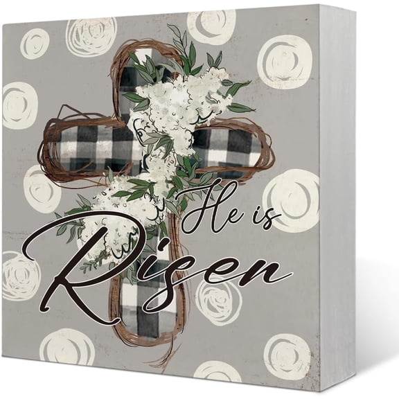 Wooden Box 7x7 Inch Easter Decor Wooden Box Sign,He Is Risen Sign,Polka Dot Gray Easter Cross Wooden Box Block Sign Decorative,Spring Easter Decor For Farmhouse Nursery Desk Shelf Table