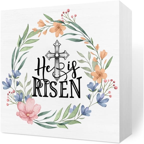 Wooden Box 7x7 Inch Farmhouse Rustic Easter Jesus Decorations He Is Risen Wood Box Sign Easter Christian Gifts For Women Home Office Desk Shelf Decor