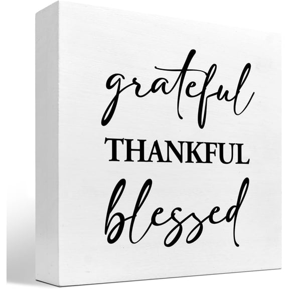 Wooden Box 7x7 Inch Grateful Thankful Blessed Wood Block Sign Desk Decor,Rustic Inspirational Wooden Box Plaque Sign Desk Decor For Home Dining Room Office Shelf Table Decor Decorations
