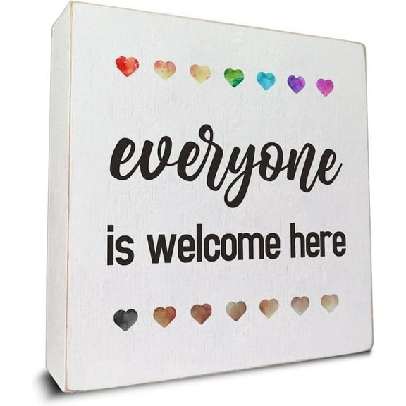 Wooden Box 7x7 Inch Inspirational Diversity Quote Everyone Is Welcome Here Wooden Box Sign Desk Decor For Classroom School Shelf Table Decoration