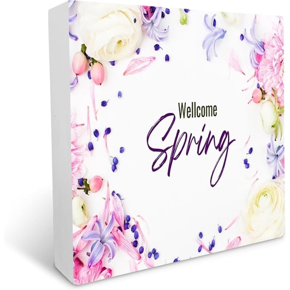 Wooden Box 7x7 Inch Welcome Spring Wooden Box Sign Desk Decor, Wood Box Sign Block For Living Room Bedroom Shelf Tabletop Decor A Gift For Your Cousins