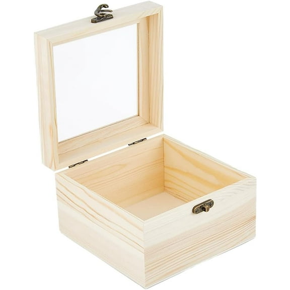 Wooden Box with Clear Lid Square Unfinished Small Wood Gift Boxes 15x15x9.5cm Wood Craft Box with Window for Jewelry Storage Gift Packaging Home Decorations