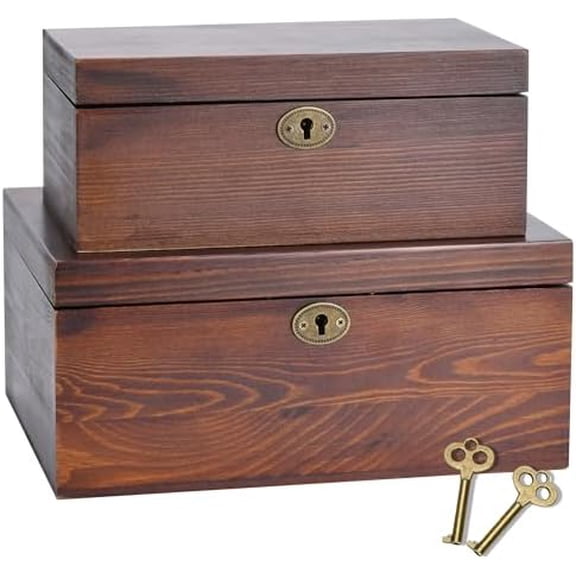 Wooden Box with Hinged Lid - 2 Pack - Vintage Decorative & Lockable Chest - for Keepsakes, Valuables, Accessories, Treasured Items - Walnut-Like Wood Finish, Aged Brass Hinges & Antique Lock