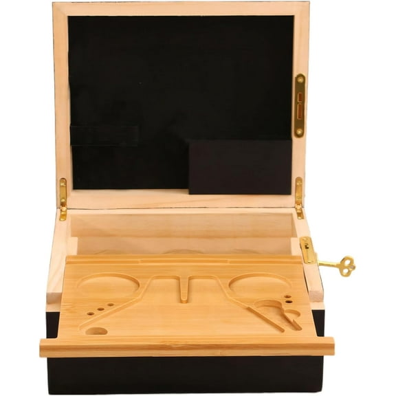 Wooden Box with Rolling Tray: Bamboo Wooden Storage Box with Removable Tray Set and Lock, Multifunction Large Decorative Wood Box for Home Decor Gift Box Storage - 8.66 * 7.09 * 4.72In