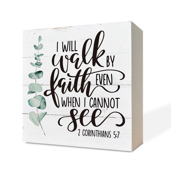 Wooden Box Scripture Sign Desk Decor Motivational Quote 4.9x4.9x1.2 Inch White