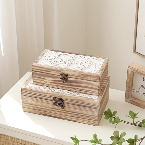 Wooden Box Set Of 2 - Rustic Farmhouse Decorative Boxes With Hinged Lid And Carved Design