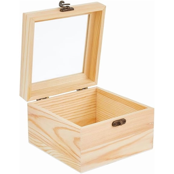 Wooden Box with Glass Lid Unfinished Wood Gift Box 5.9x5.9x3.94 Inch Wooden Square Storage Boxes with Lock PapayaWhip Keepsake Boxes for DIY